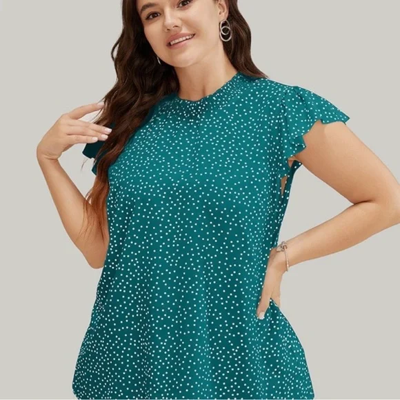 NWT!Teal polkadot mock neck cap sleeve top size 22-24 or3X - Picture 2 of 5